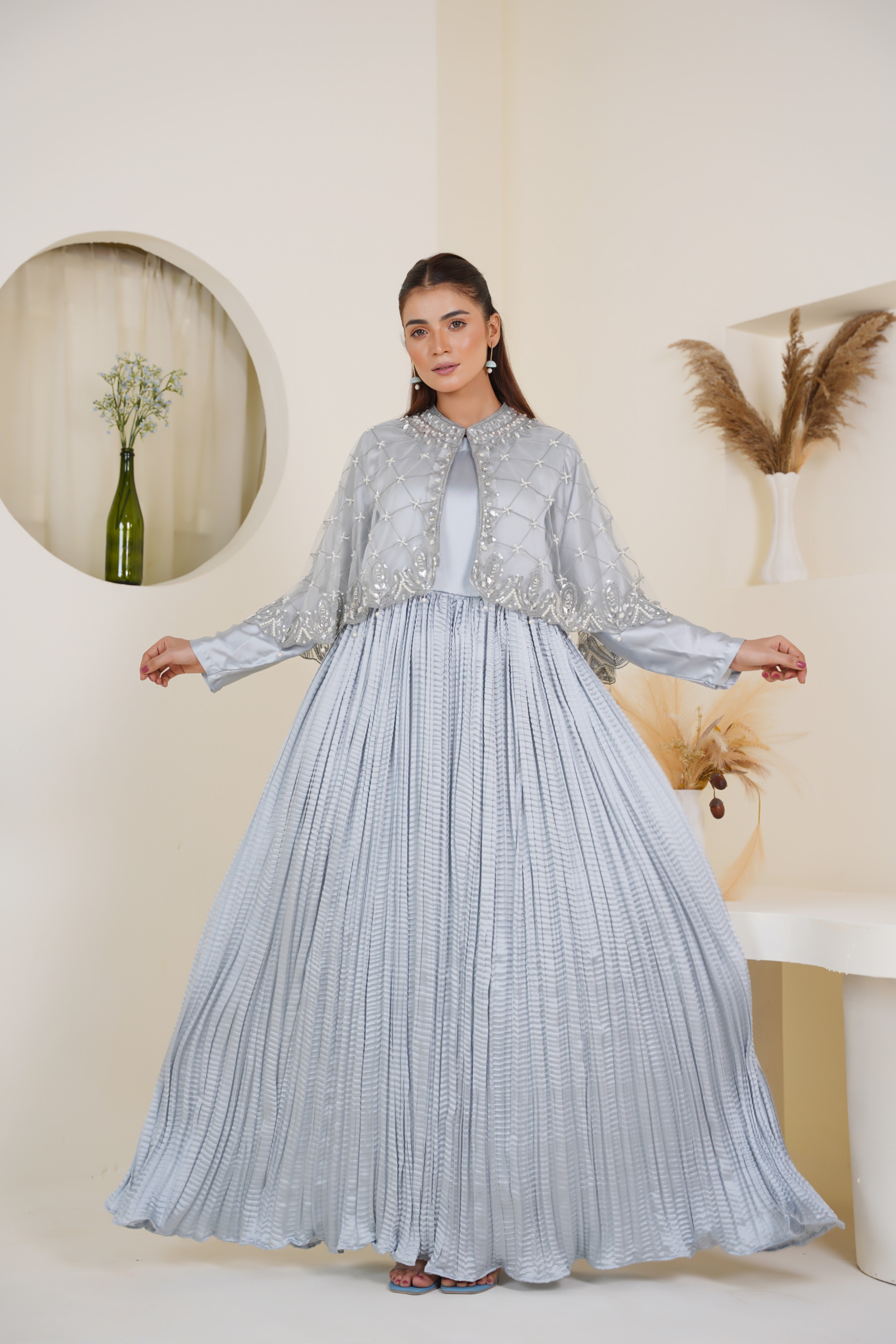 Regal Grid Silver Grey || Hand Embellished Cape with Crush Maxi